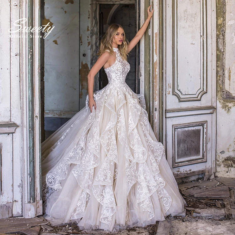 aliexpress.com - Luxury Wedding Dress Embroidered Lace On Net With Ruffled O-neck Off The Shoulder Sleeveless Bridal Gowns Long Train Custom Made