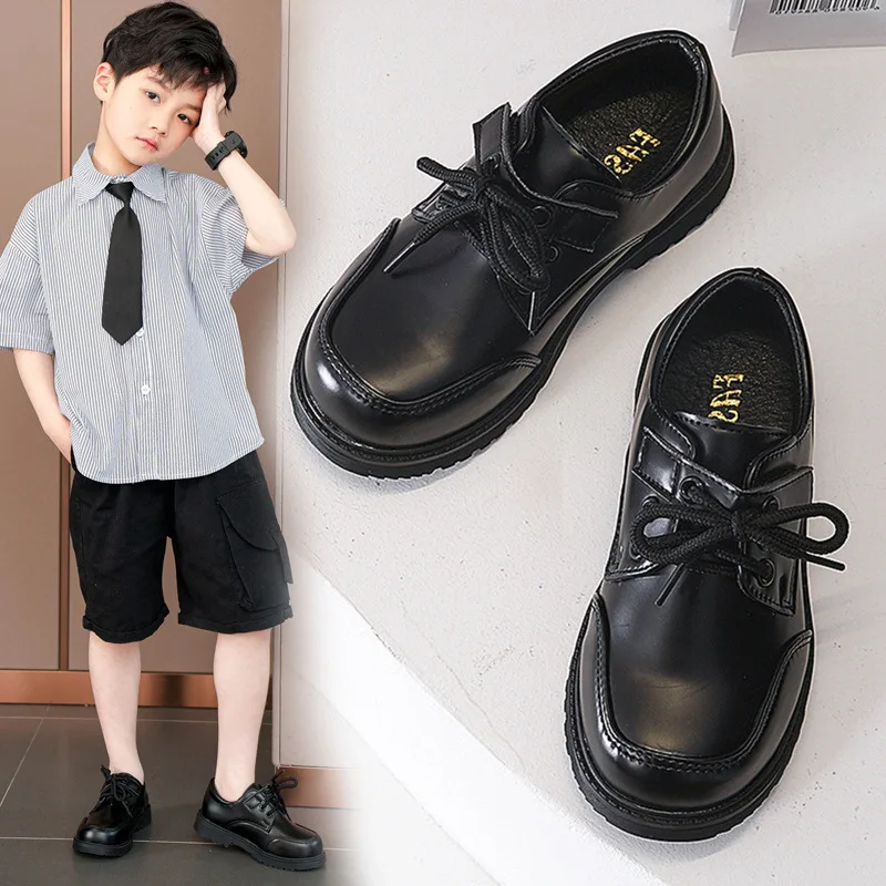 Boys Student Black Leater Shoes For School 3-12Years Old Kids Dress Shoes Children Fashion Performance Shoes Lace-up Soft-soled