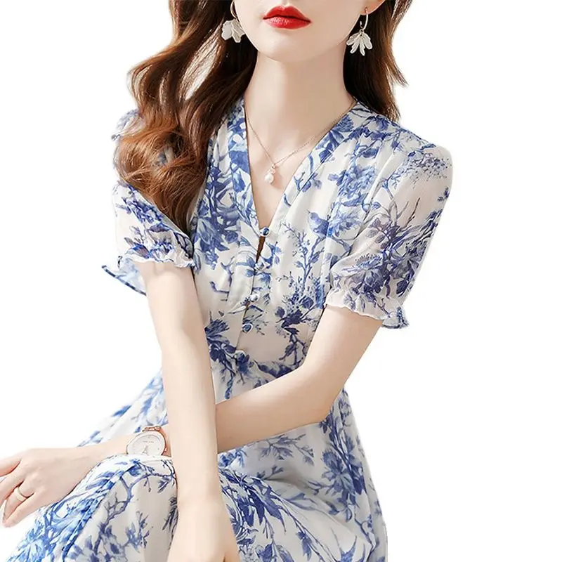 

Elegant Women Chiffon Printing Knee Length Summer Fashion Dress Short Sleeves V-neck