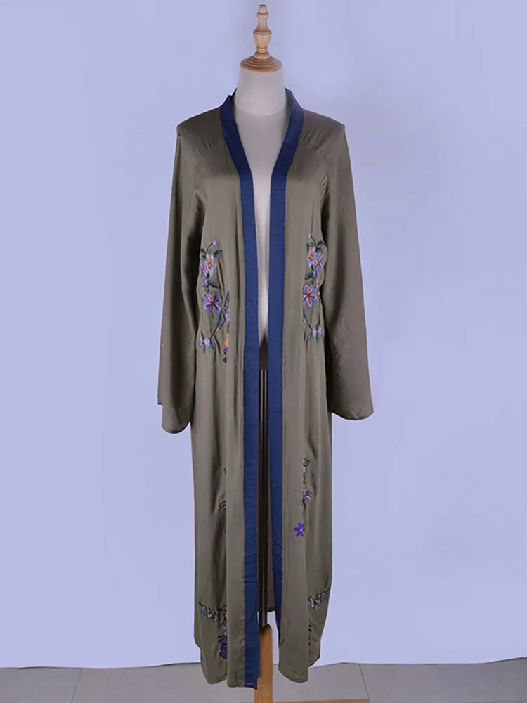 Fitshinling Flowers Embroidery Beach Kimono Holiday Army Green Vintage Swimwear Cover-Ups Long Sleeve Autumn Outer Cover beach cover swimsuit cover beach dress