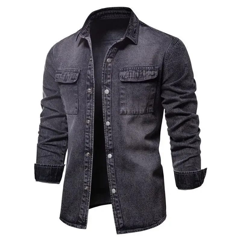 Loose Fit Long Sleeve Denim Open Cardigan Shirt Men Retro American High Street Style Button down Casual Outerwear