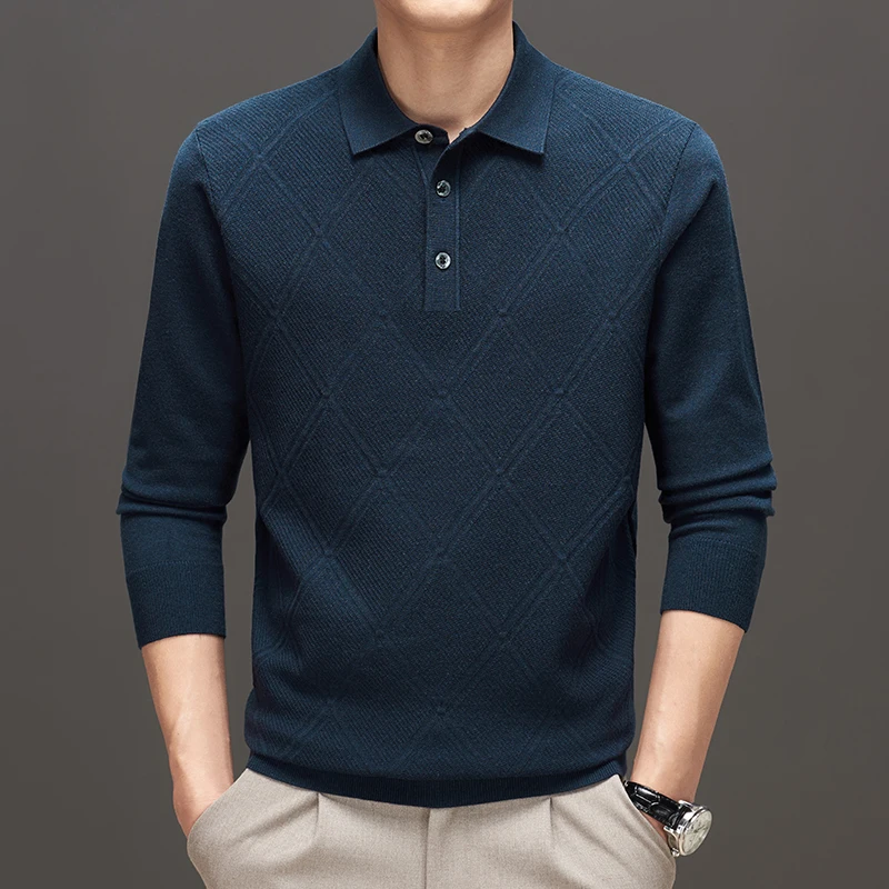 2023 New Men's Slim-Fit Jumper Autumn and Winter Warm Lapel Knitwear Solid Color Business Polo Long Sleeve Men's T-shirt