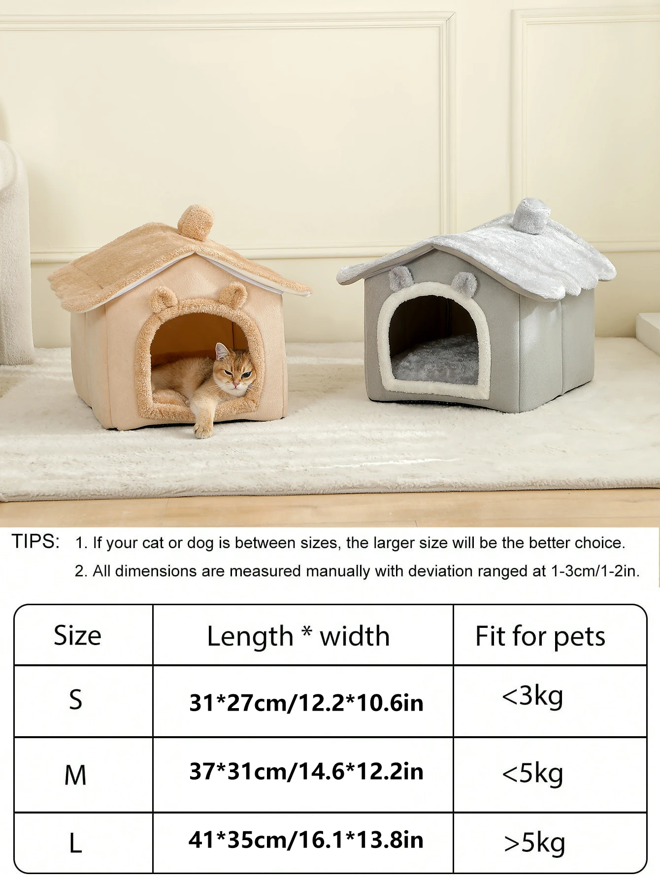 Lit maison pliable et lavable pour chat et petit chien avec coussin amovible_voghion.com
