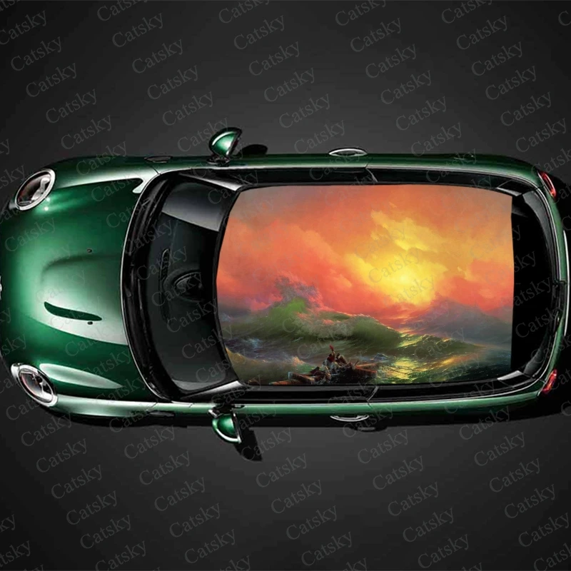 

Artistic Sunset Painting Car Roof Sticker Decoration Film Car Decal Hood Vinyl Sticker Graphic Wrap Car Protect Accessories Gift