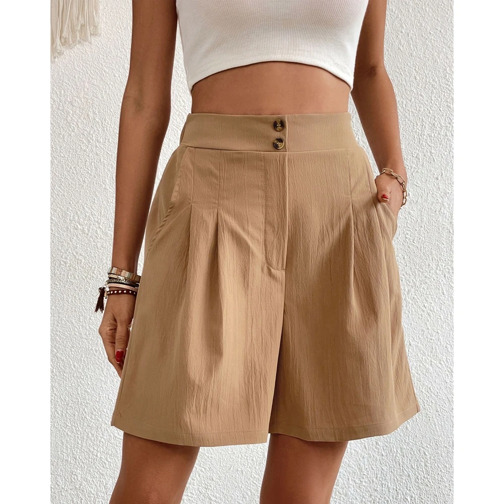 Summer Women Ruched Deisgn High Waist Shorts Female Casual Buttoned Wide Leg Elegant Korean Style Hot Pants Streetwear Outfits
