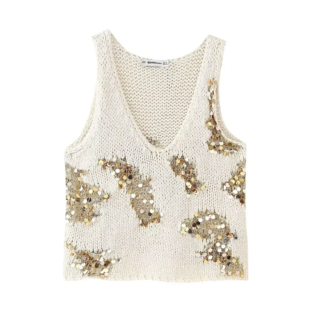 thumbnail image 1 of HH TRAF 2024 Chalecos de suéter casuales para mujer, suéter liso con cuello redondo sin mangas con lentejuelas decoradas, tops de punto de verano para mujer a la moda, 1 of 5