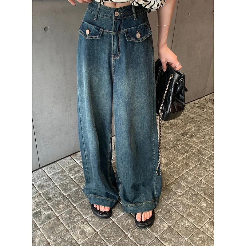 

Autumn High-waisted Loose and Thin Retro Fake Pocket Jeans Women's High Street Sweeping Pants Straight Wide-leg Mopping Pants