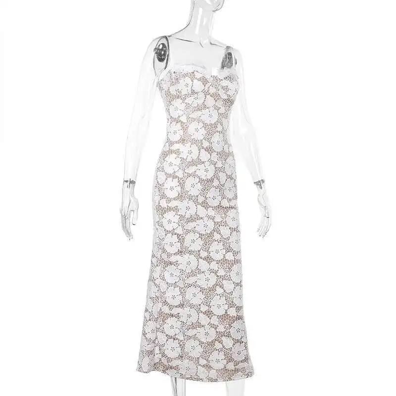 Rückenfreies Maxikleid aus Spitze mit Spaghettiträgern, elegantes, langes, figurbetontes Damenkleid für Party, Nachtclub, sexy Abendgarderobe – Detail 10