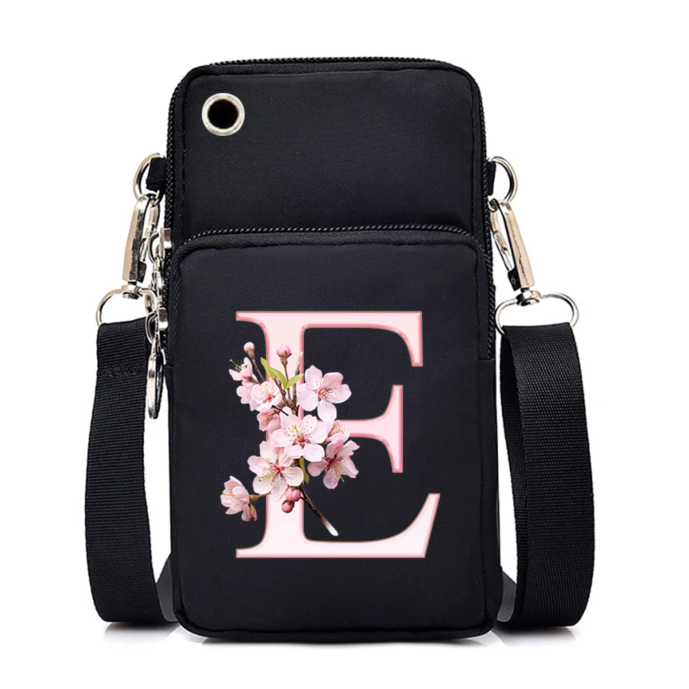 Pink Sakura Printing 26 Floral Alphabet A-Z Messenger Bag Hanging Neck Coin Purse Vertical Handbag Fashion Small Crossbody Bag