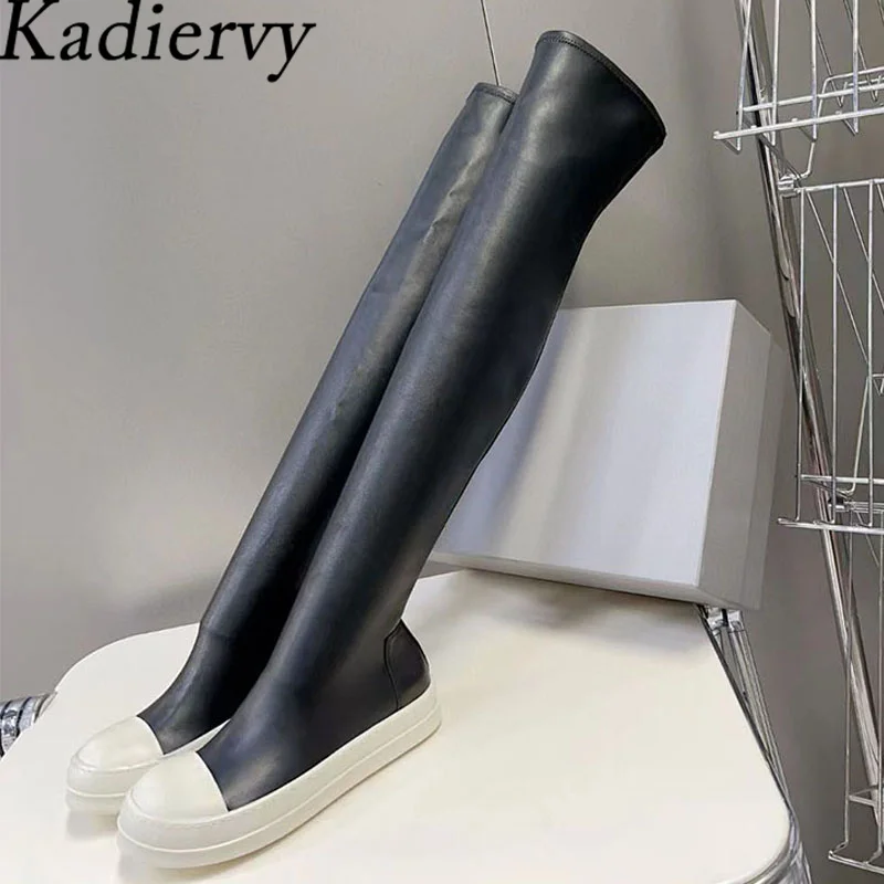 

Black Over The Knee Boots Women Round Toe Slip-on Thick Sole Thigh High Boots Flat Shoes Women Runway Stretch Boots Woman