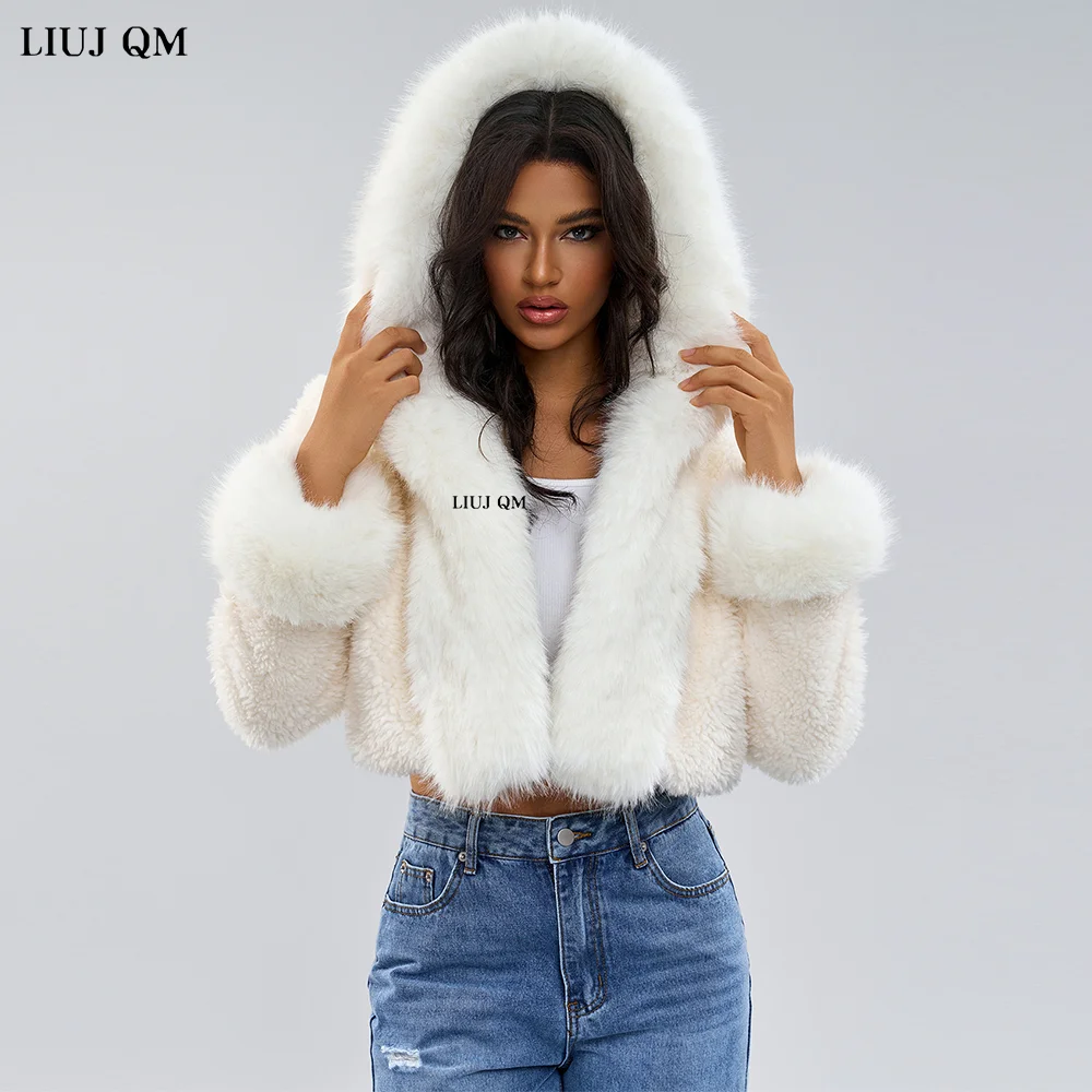 ジャケット・アウター EMBROIDERED FAUX FUR HOODED JACKET WHITE Hooded Faux Fur Coat Women White Winter Jackets for Women 2025 New