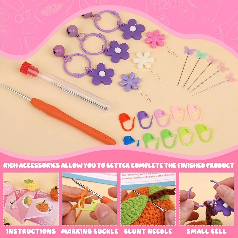 Fruit Crochet Kit Beginners Hairpins Starter Kit Easy-to-Learn Hair Clips with Step-by-Step Video DIY Crochet Supplies crochet kit
