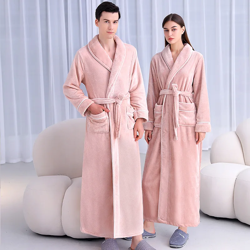 2024 Women Winter Solid Color Long Warm Flannel Bathrobe Plus Size Thick Bath Robes Men Sleepwear Solid Dressing Gown