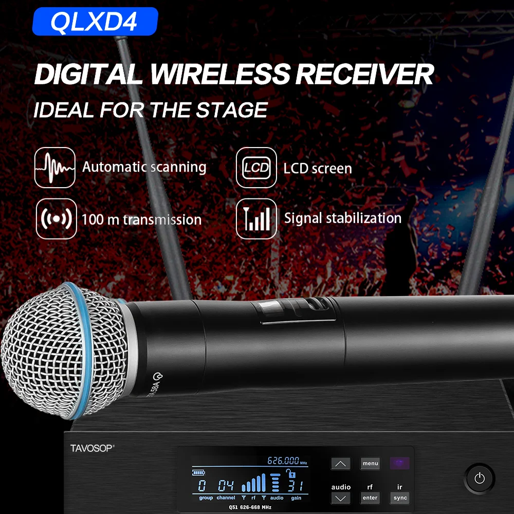 TAVOSOP Qlxd4 B58A B58 626-668MHz 고품질 트루 다이버시티 UHF 전문 무선 마이크 시스템 무대 공연용