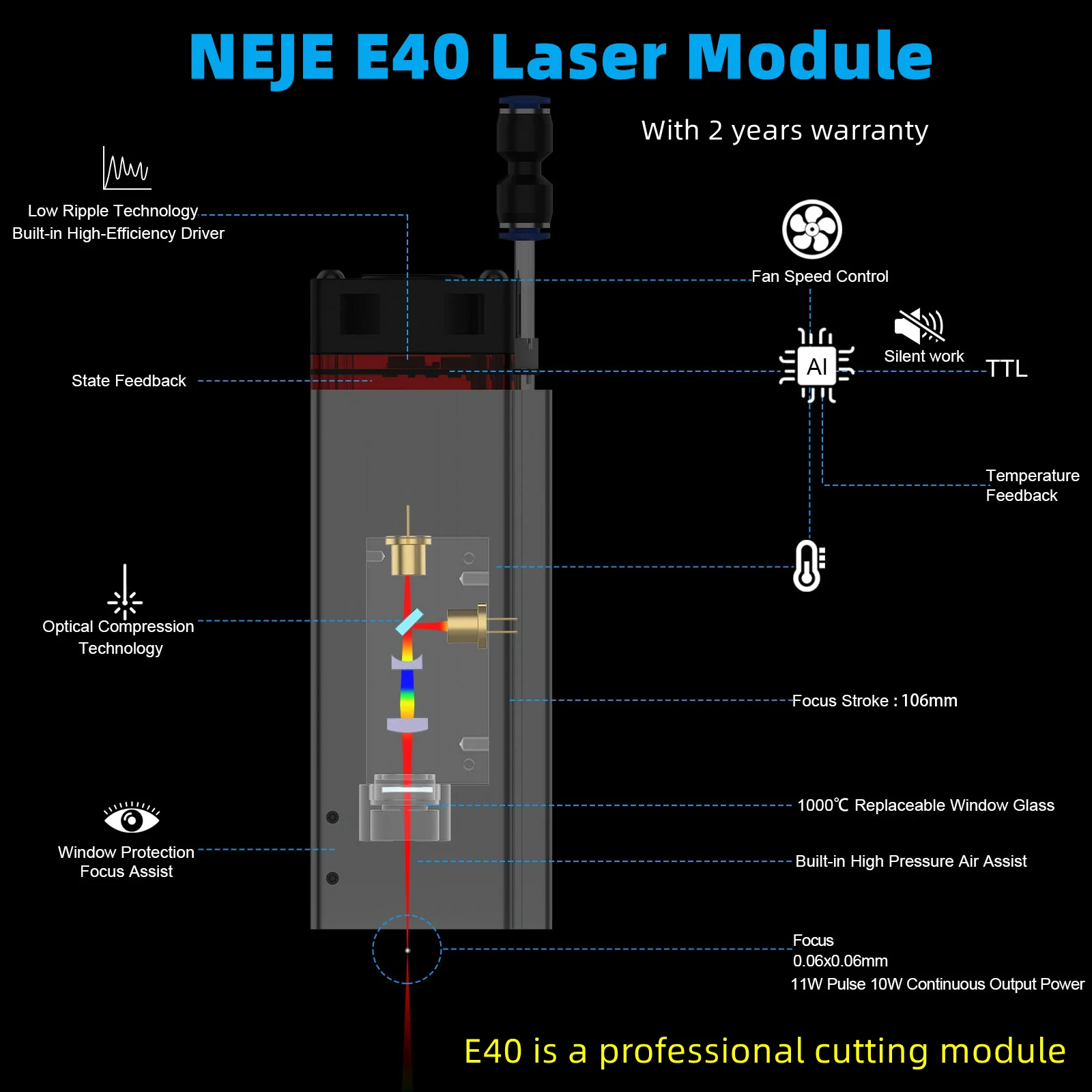 Neje laser modul 80w hochleistungs-cnc laser kopf mit luft unterstützung ttl modul set für diy laser gravur maschine holz metalls ch neiden