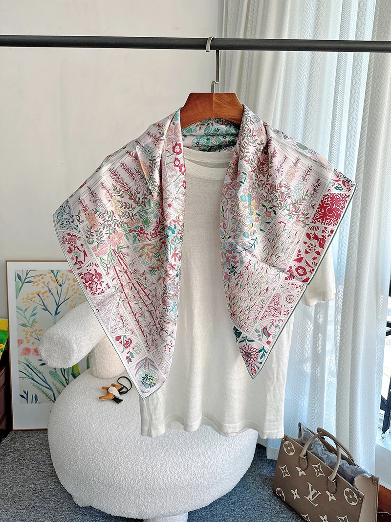 Loral Garden Scarf Small Floral Scarf Pink Woman Neck Hijab For Girl Summer Head Handkerchief For Hair Silk100