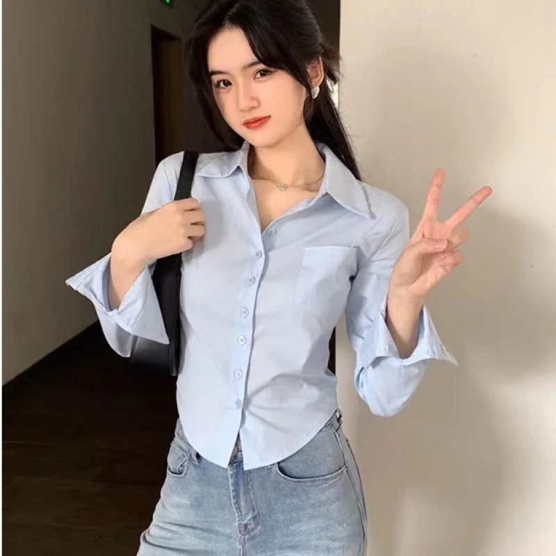 

Spring New women's irregular shirt solid color short long sleeves waist