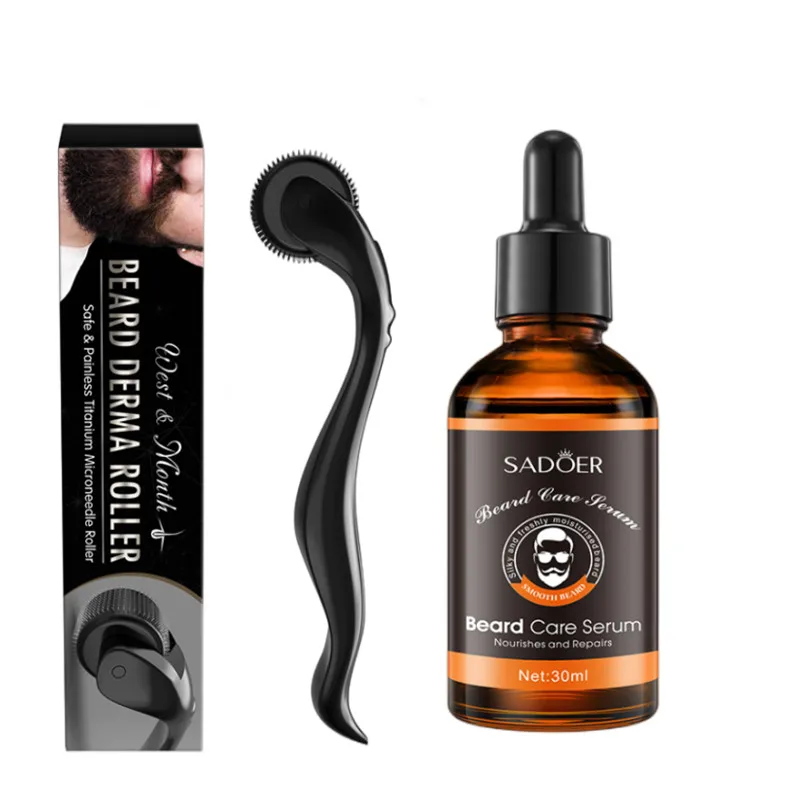 Beard Growth Spray Set for Men Nourishing Moisturizing Moustache Growth Enhancer Anti Hair Loss Care Serum with Beard Roller