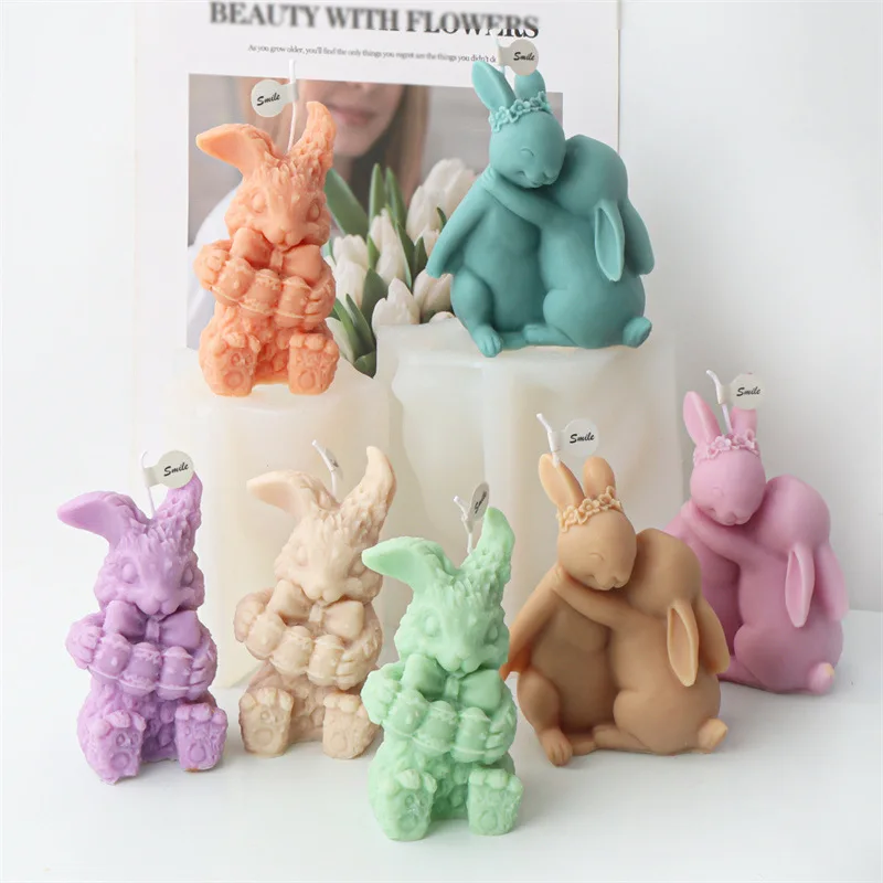 

Silicone Embrace Couples Rabbit Candle Mold 3D Vertical Ear Bow Knot Rabbit Aromatherapy Plaster Mold