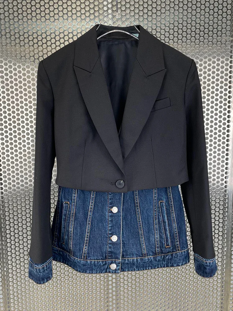 KBQ Patchwork Denim Blazer For Women Notched Collar Long Sleeve Tunic Chic Colorblock Blazer Female Autumn Fashion Clothing New