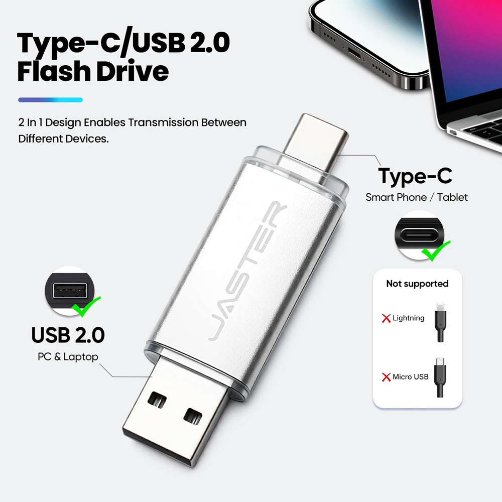 JASTER 타입 C OTG USB 플래시 드라이브 64GB 32GB 16GB 8GB 4GB 메모리 스틱 2.0 펜드라이브 고속 모바일폰 및 컴퓨터용