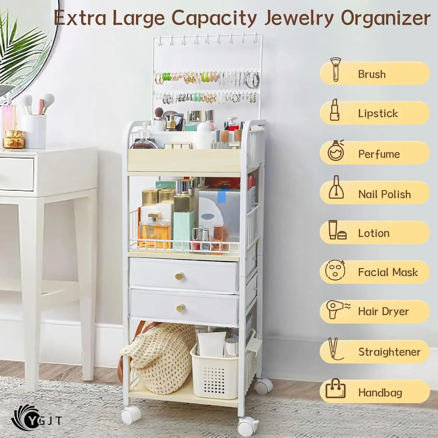 Makeup Organizer, Floor Skincare Cosmetics Organizer with Drawers, Jewelry Organizers and Storage for Earring Necklace 3