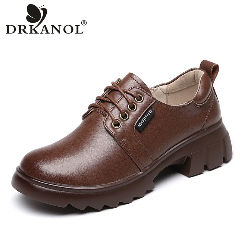 

DRKANOL 2024 Women Thick Heel Shoes Autumn Winter Real Cowhide Lace-Up Warm Shoes British Style Soft Comfort Casual Single Shoes