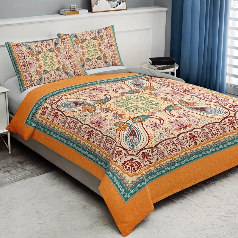 3Pcs Vintage Paisley Bohemian Duvet Cover Set, Soft Comfortable Breathable Bedding with Pillowcases for Bedroom Guest Room Decor