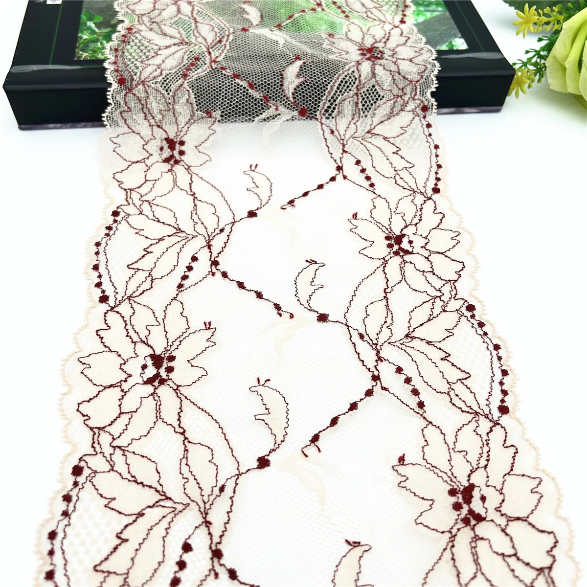 3y/lot Width 17cm 2-Tone Shiny Apricot Dark Red Elastic Stretch Lace Trim 6