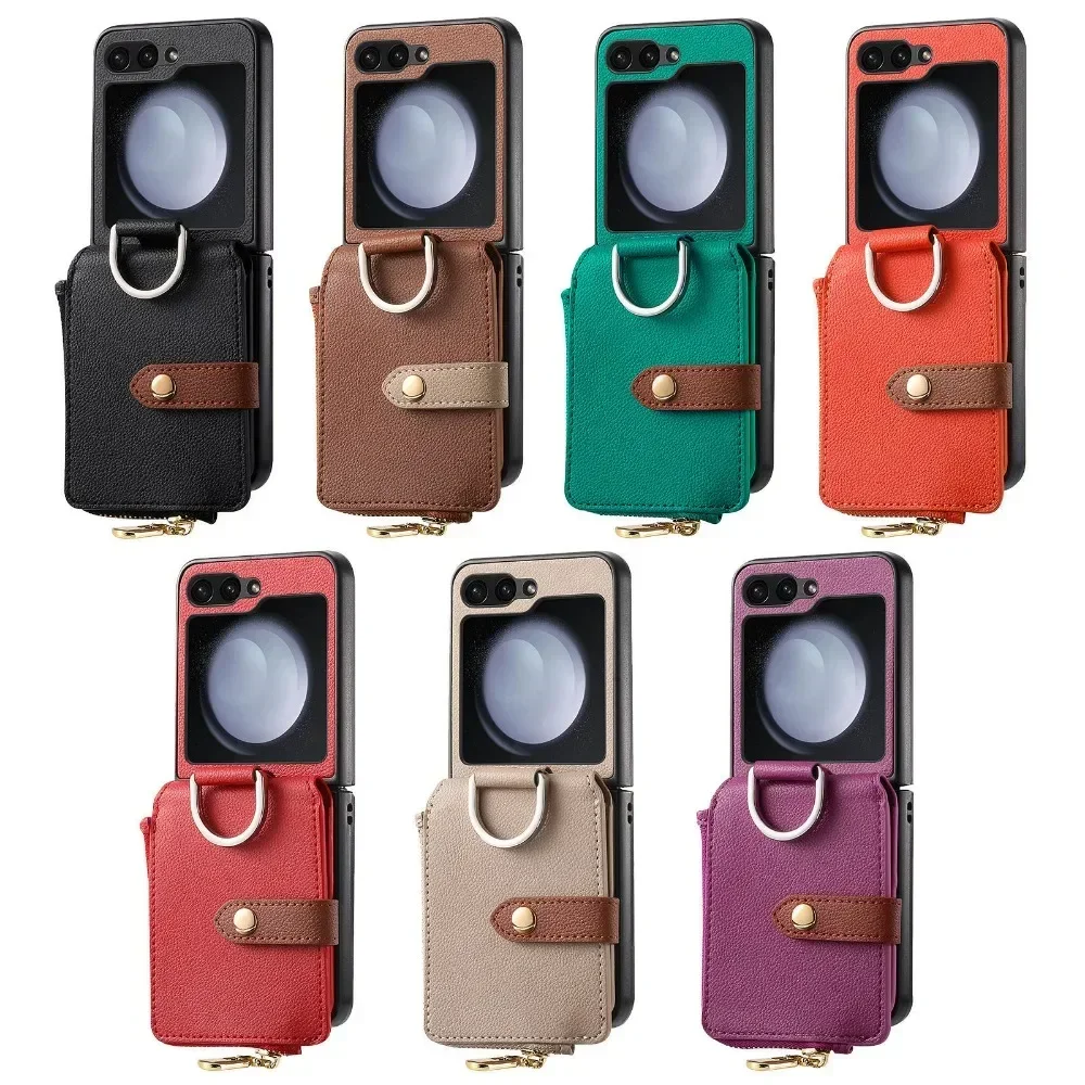 Ring Phone Case with Card Slot Holder and Zipper Wallet Purse - PU Leather Cover