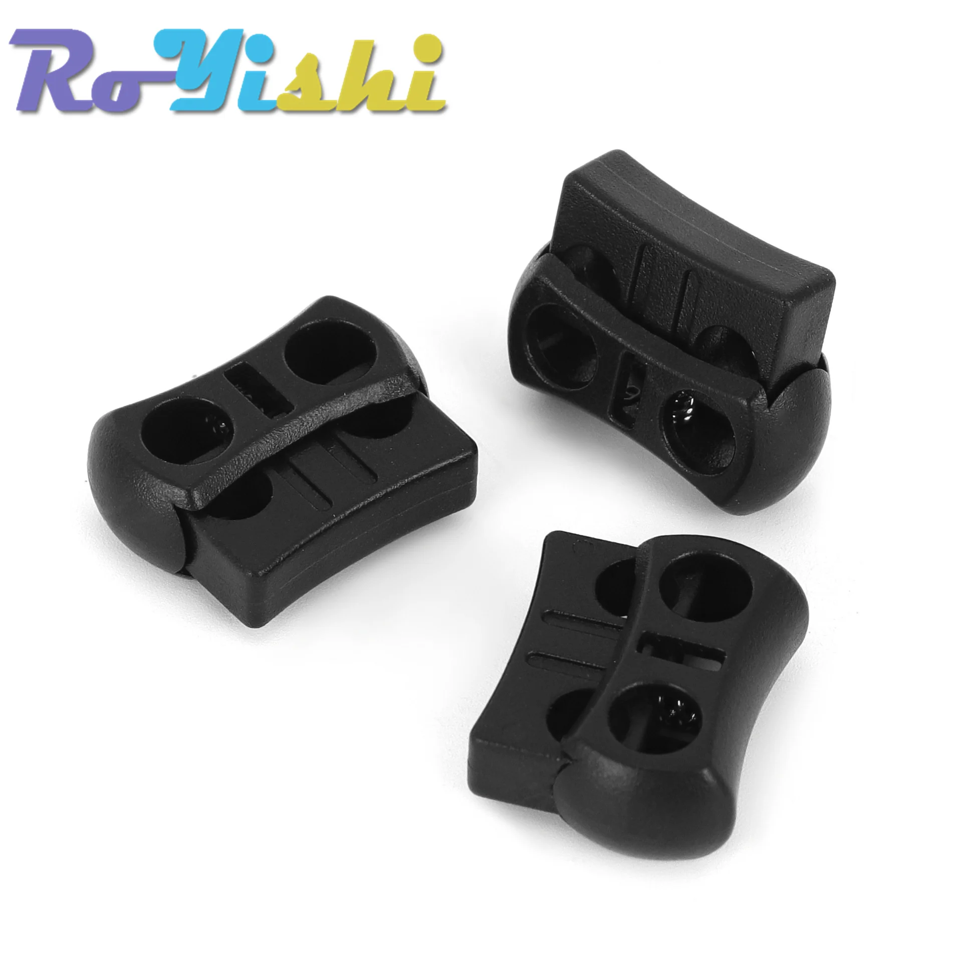 10 Stück/Packung 2-Loch-Kordelstopper aus Kunststoff, schwarz, 15 mm x 20 mm x 7,5 mm – Detail 2