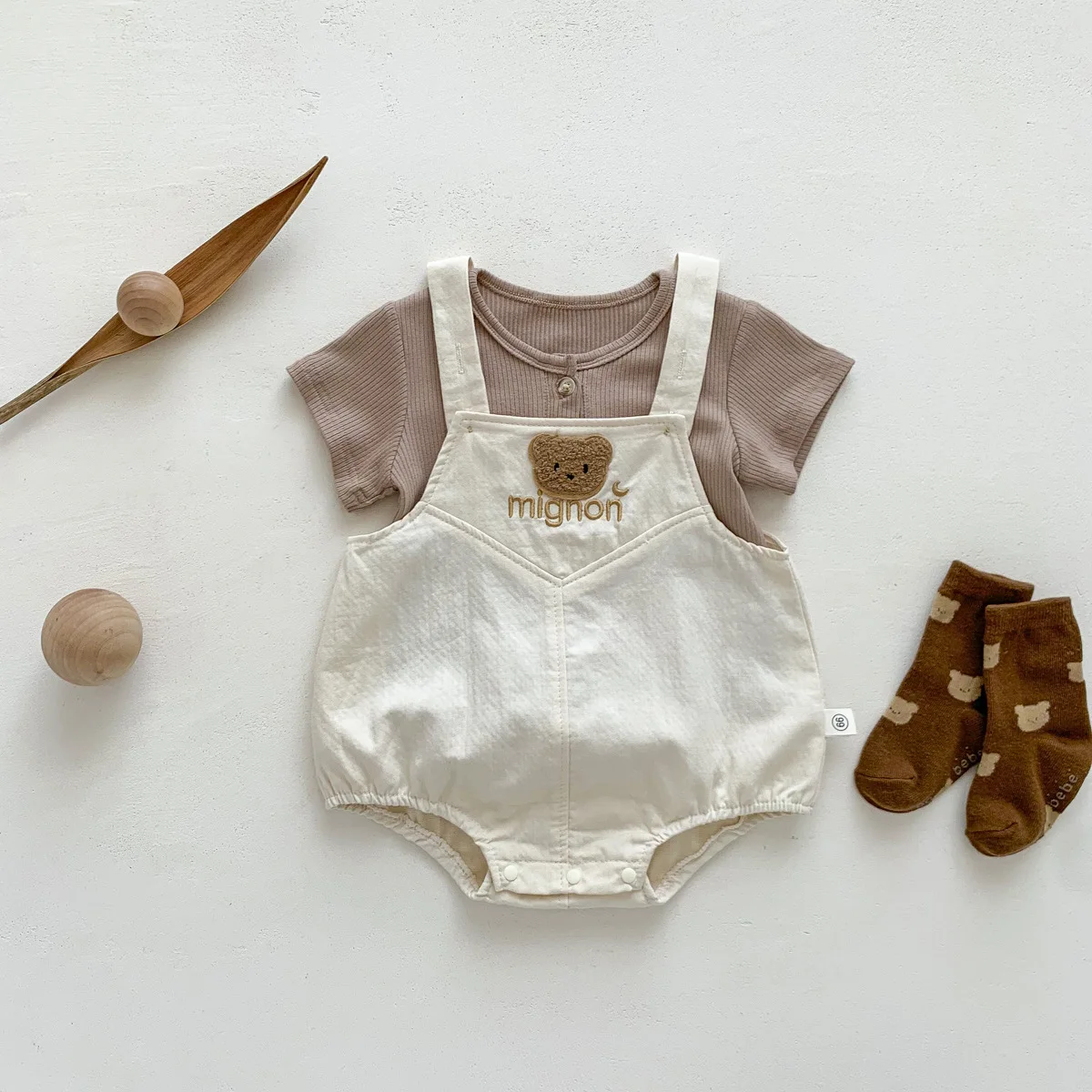 2023 New In Summer Newborn Baby Girls Boys Short Sleeve Solid Color Top T-shirts +cartoon Bear Bodysuits Kid Infant Clothing Set 4