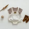 2023 New In Summer Newborn Baby Girls Boys Short Sleeve Solid Color Top T-shirts +cartoon Bear Bodysuits Kid Infant Clothing Set 4