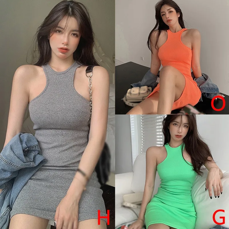 여성용 홀터 원피스 O넥 민소매 탱크 원피스, 캐주얼 힙랩, 타이트한 핏, 핫 걸 스트리트웨어, 단색, 여름