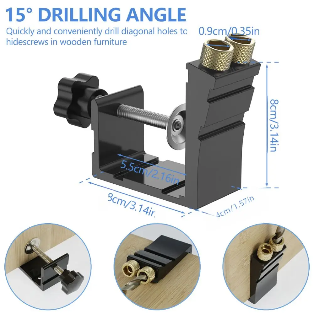 Adjustable Pocket Hole Jig 15 Degree Angle Pocket Dowel Woodworking Guides Inclined Hole Drill Punch Hole Positioner