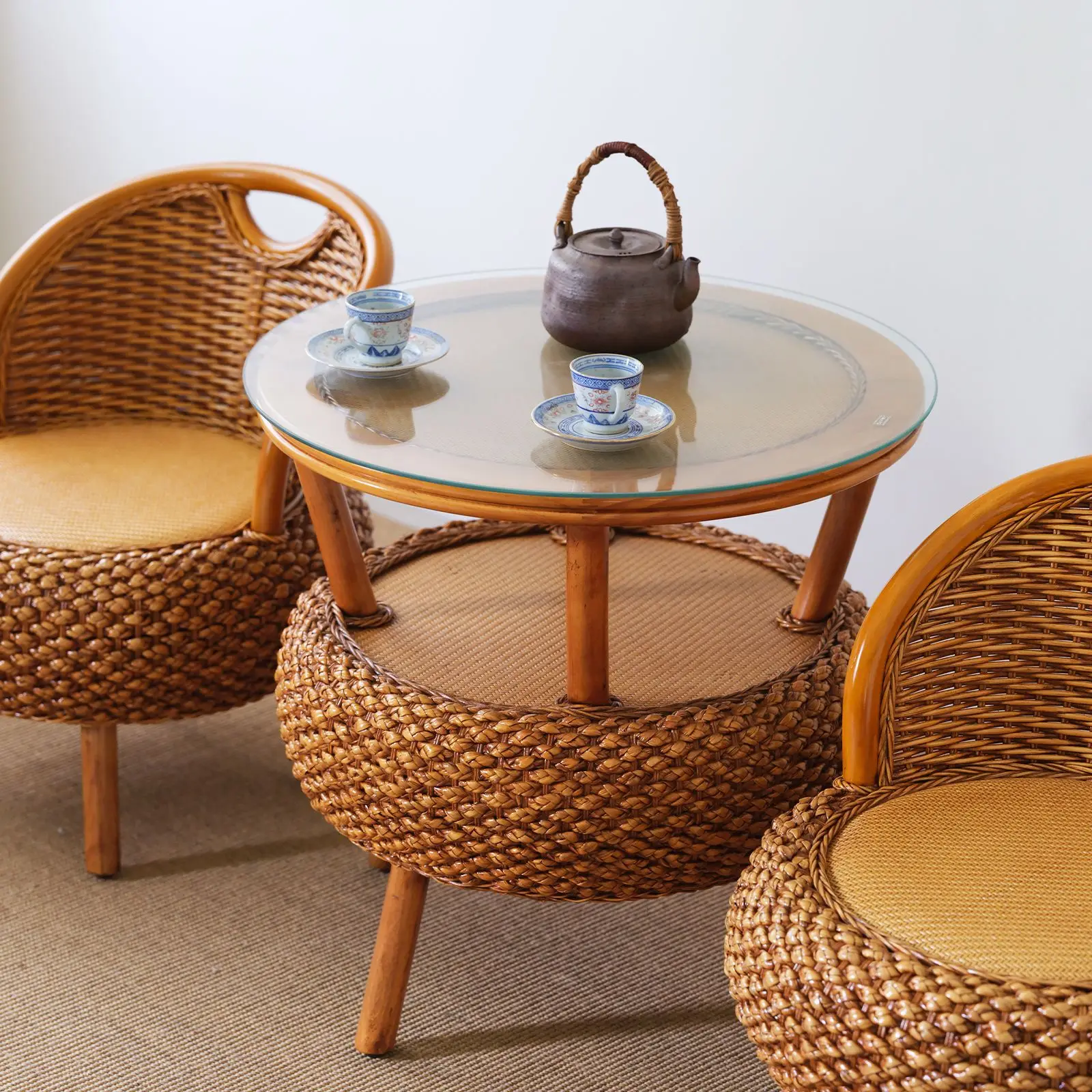 Balcony Small Low Rattan Chair Three Piece Set Simple Rattan Woven Backrest Chair Tea Table Round Woven Leisure