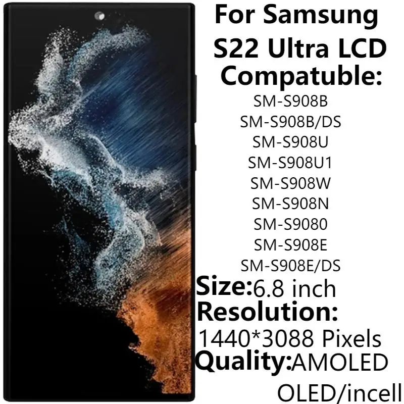 AMOLED-scherm voor S22 Ultra 5G, Schermvervangingskit voor SM-S908B EU Internationale Versie 6,8 Inch, Touchscreen-digitizermontage met Frame (mat zwart AMOLED-scherm voor S22 Ultra 5G, Schermvervangingskit voor SM-S908B EU Internationale Versie 6,8 Inch, Touchscreen-digitizermontage met Frame (mat zwart