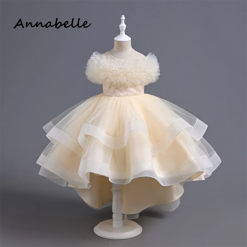 Annabelle Flower Girl Abito Lungo Puffy Flower Baby Wedding Cute Dress Priness Girl Bow Birthday Party Dress 2024 Nuovo