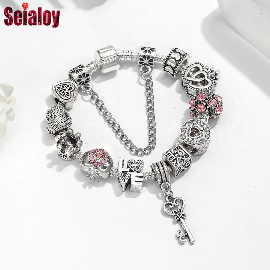Bracelet Jewelry Heart Key Pendant Charm Beaded Bracelet For Women Girls Princess Crown