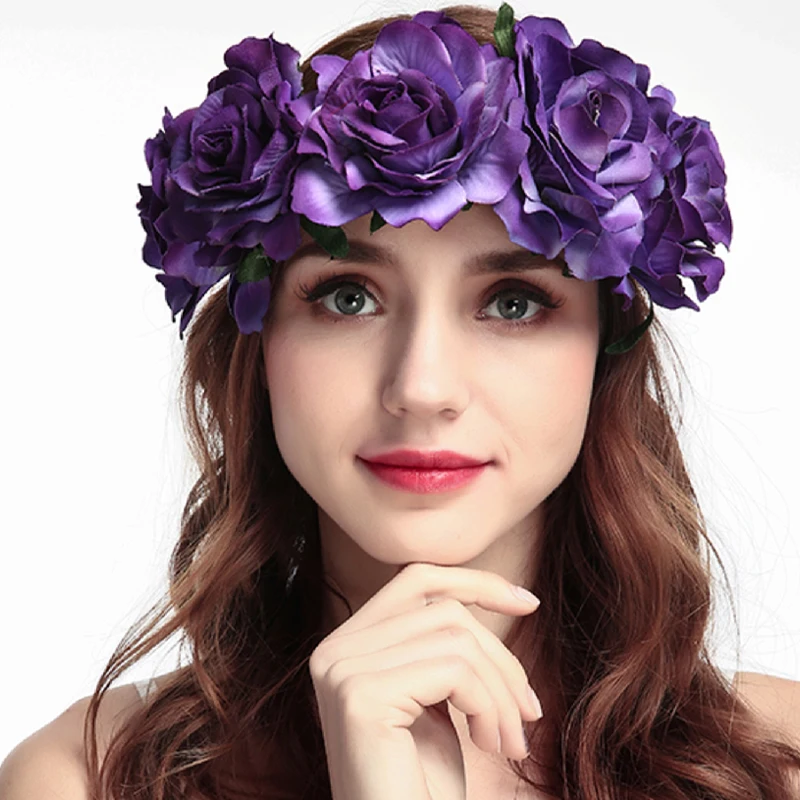 Rose Holiday Crown Festival Headbands Hippie Flower Headpiece Rose Flower Leave Crown Bridal Halo Headband Photography props