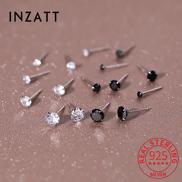 

INZATT Real 925 Sterling Silver Round Zircon Stud Earrings For Women Classic Fine Jewelry Minimalist Ear Piercing Accessories