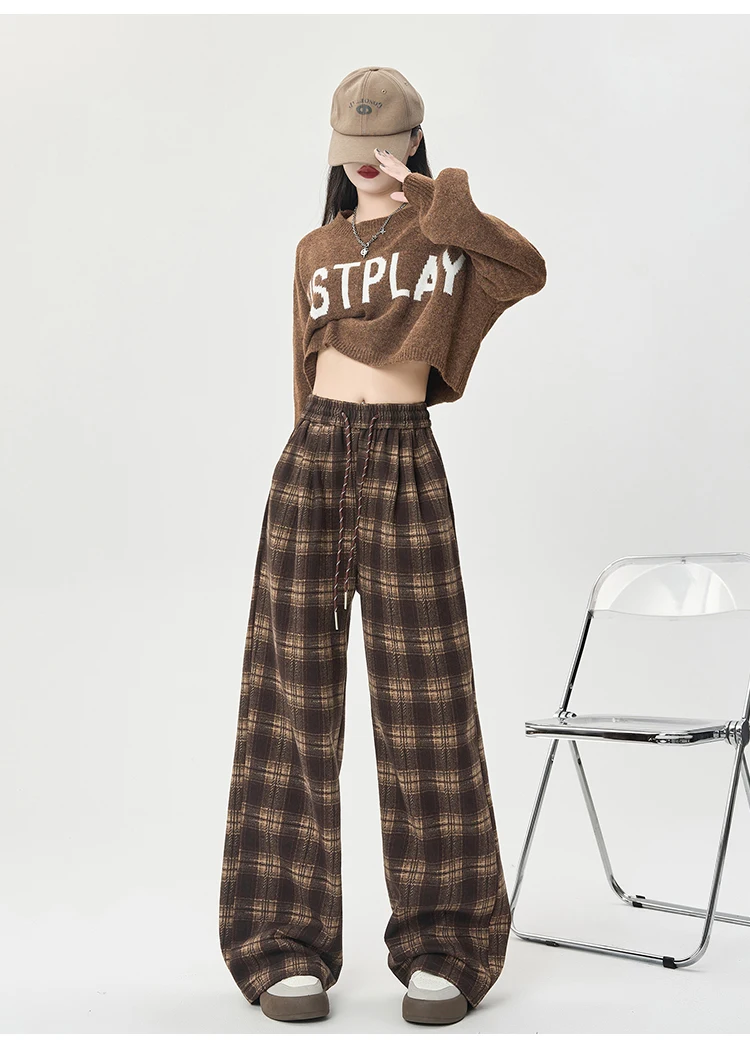 Winter Vintage Chic Kordelzug Lose Gerade Frauen Hosen Neue Plaid Kontrast Farbe Volle Länge Mode Weibliche Breite Bein Hosen – Detail 9