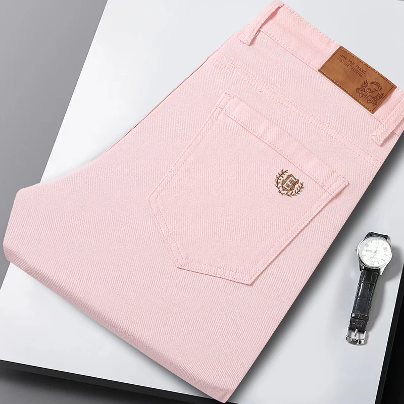 Classic Men's Regular Fit Pink Red Yellow Jeans Business Fashion Denim Advanced Stretch High Quality Cotton Trousers Male Pants 5