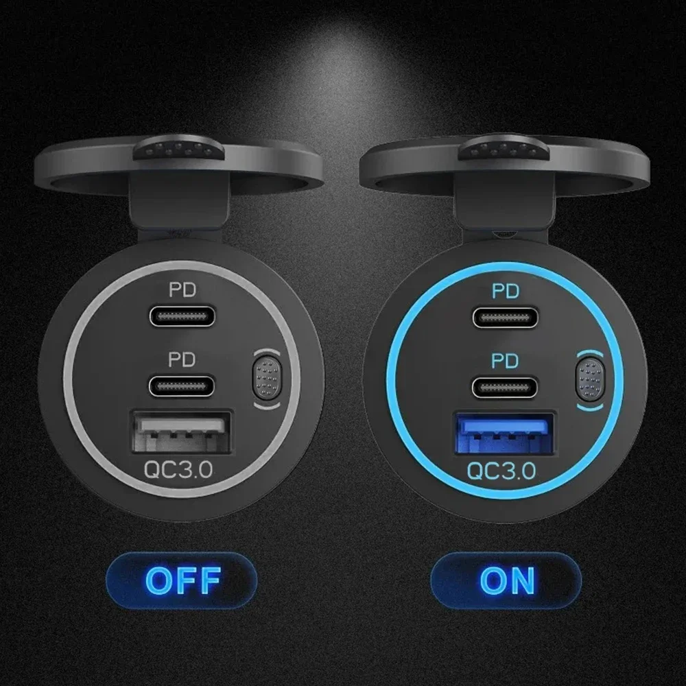 QC3.0 + PD 차량용 충전기 소켓, 이중 USB 포트, C타입, 3 포트 전원 어댑터, 스위치, 범용 방수, 78W
