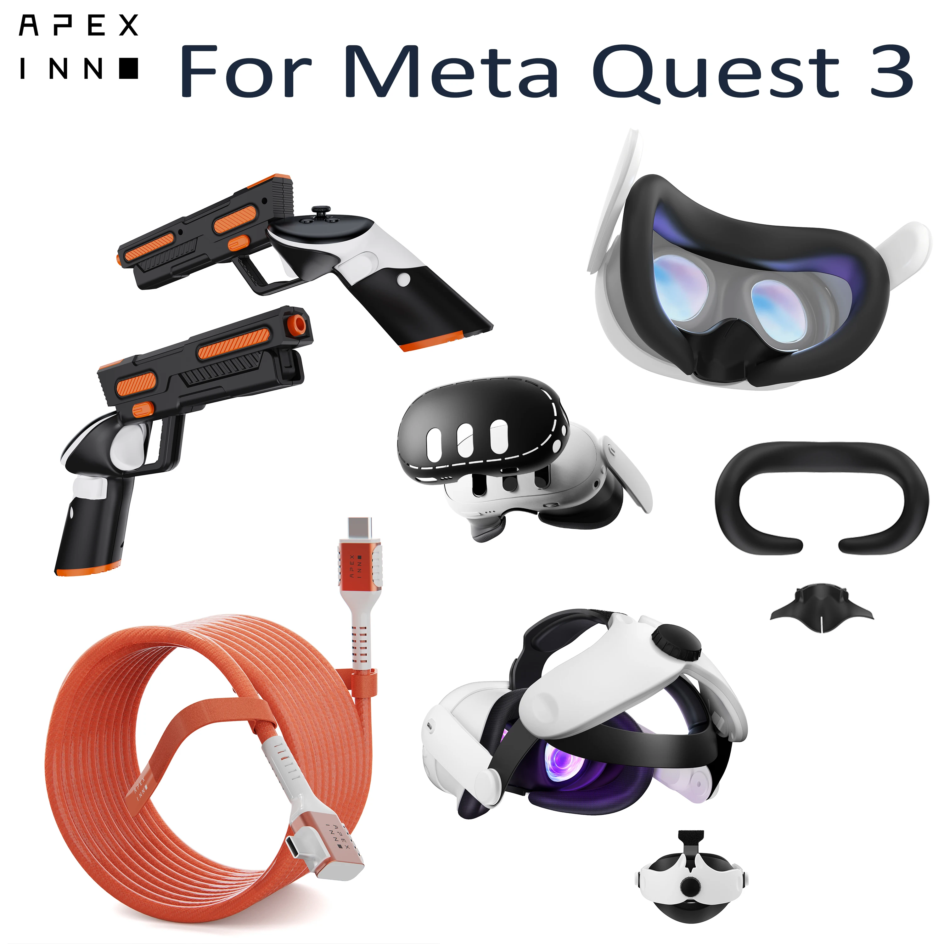 

APEXINNO 20FT Link Cable Gun Stock Cover Head Strap For Meta Quest 3 VR Silicone Face Cover Nose Pad Shell Cover VR Accessories