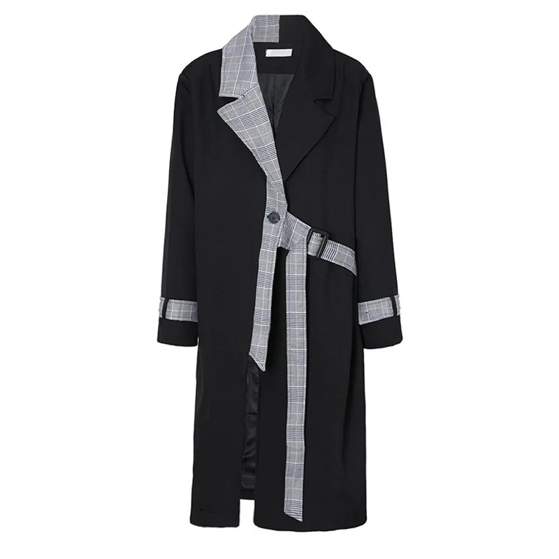 

SuperAen Asymmetric Plaid Long Trench Coat 2023 Autumn New Stitching Contrast Design High Street Coat Women