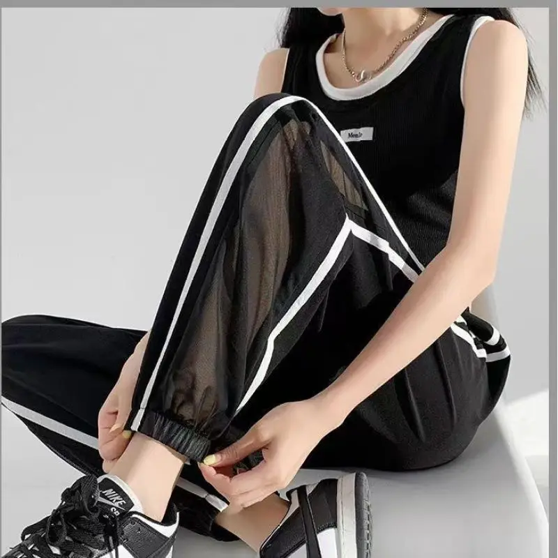 2024 Summer Loose Casual Sports Style Drawstring Elastic Waist Color Blocking Mesh Patchwork Ankle Tied Harlan Pants for Women