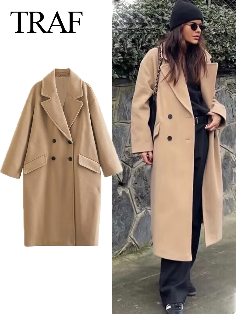 TRAF 2023 Autumn Winter Women Fashion Overcoat Solid Khaki Tiicken Office Lady Long Coat Casual Zevity Streetwear Windbreaker image
