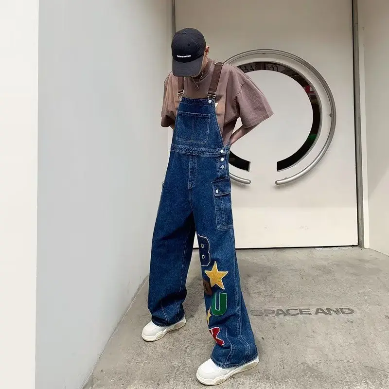 American high street retro embroidered star letters denim overalls for men summer loose and versatile casual jumpsuit trend y2k