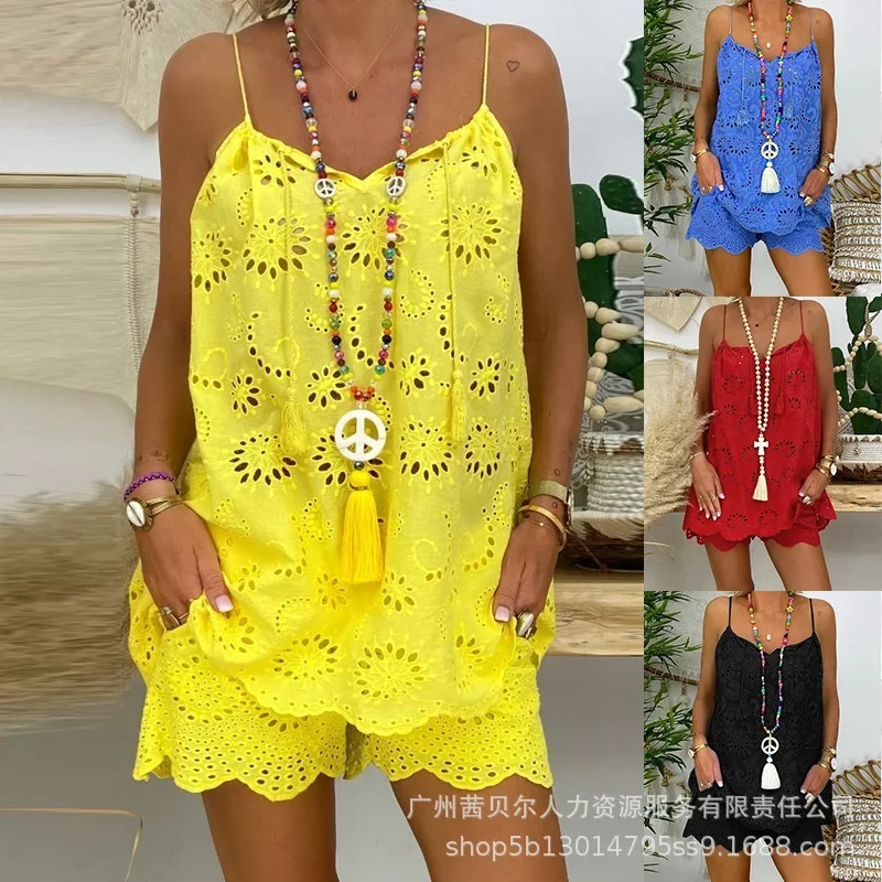 

Женские короткие комплекты, новый желтый пикантный комплект с вырезами и шортами на бретелях с бахромой для женщин, летний комплект из двух предметов
